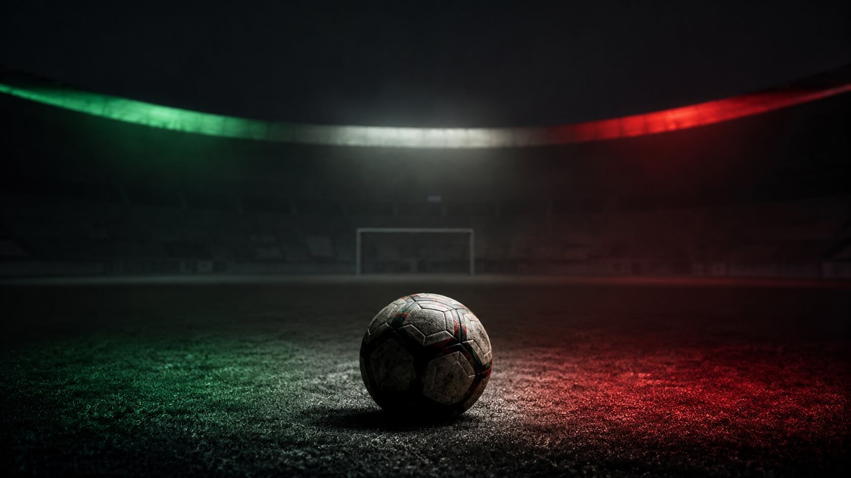 A football on a dark pitch under muted red, white, and green light, suggesting the political weight placed on Iranian football.